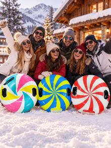 1pc 82cm Colorful Striped Inflatable Snow Tube, Dual Handle Round Snow Sled, Bright Candy Swirl Pattern Inflatable Sled, Portable Winter Outdoor, Suitable For Ski Resort, Snow Entertainment, Family Winter Activities, Christmas Gift, Holiday Essential, Fitness Equipment, Snow Sled, Outdoor - Striped Snow Tube - View 2