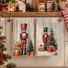 2pcs Nutcracker Print Kitchen Towels, Christmas Tree Gift Box Snowflake Holiday Pattern Hand Towels, Vintage Country Winter Style Dish Cloth Tea Towel, Suitable For Kitchen Cooking, Baking, Cleaning Wiping And Christmas Home Decor, Christmas Winter Holiday Gift - Multicolor - View 5