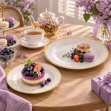50/25/20/10pcs Premium White Double Gold Rim Dessert Plate Set, 10.25 Inch And 7.5 Inch Elegant Dinner Plates With Gold Border, Suitable For Weddings, Birthdays, Picnics, Barbecues, Parties, Halloween, Christmas And Other Occasions - White - View 9