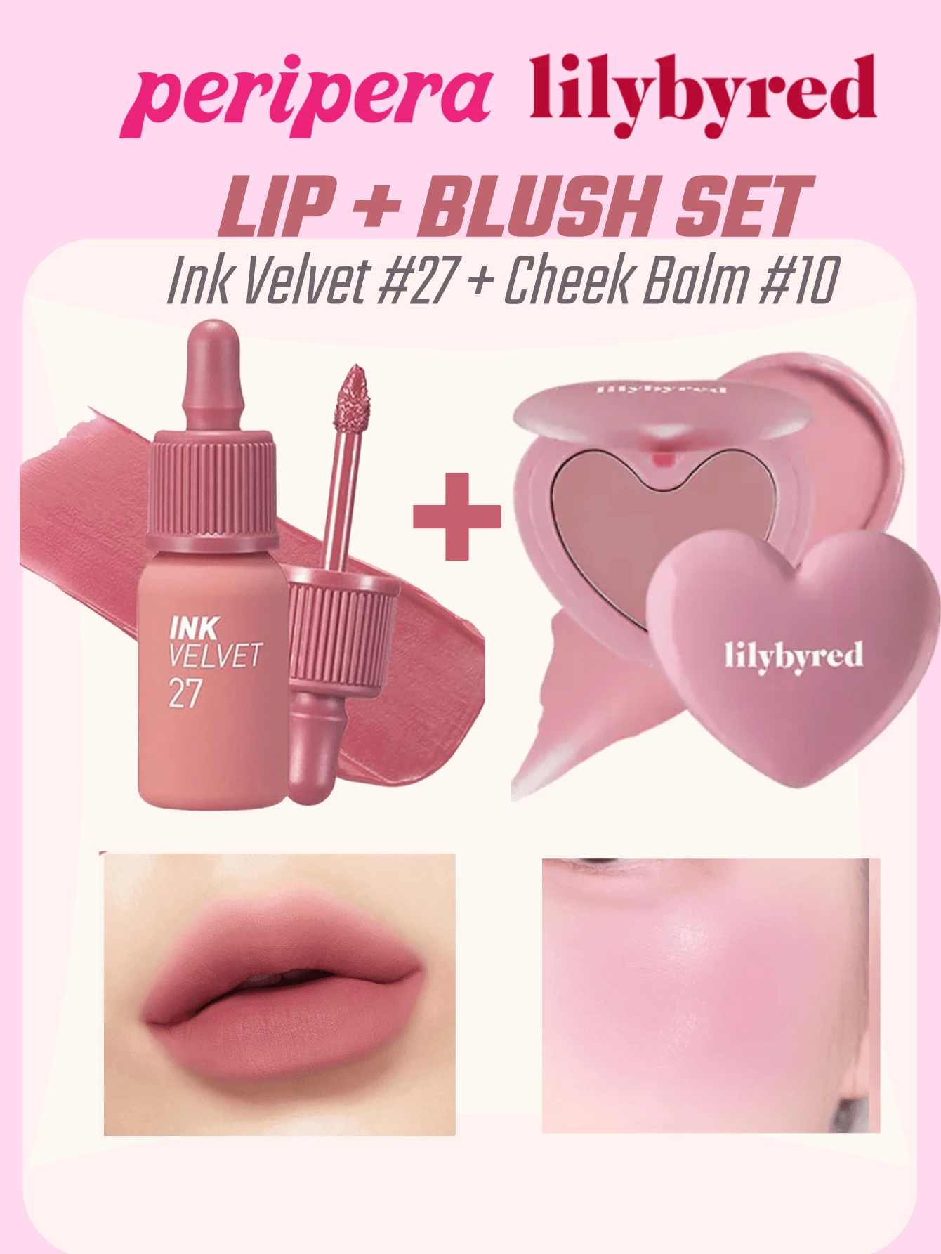 lilybyred K-Beauty Peripera Luv Beam Blush Cream + Ink Velvet Liquid Lipstick, Smooth Texture, Glossy Finish, Velvet Blush, High Pigment, Korean Makeup Set - Blush & Lip Glow Set - View 1