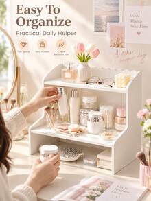 Estantería de almacenamiento de doble capa estilo coreano, organizador de escritorio, estantería de almacenamiento para cosméticos, papelería y libros de dormitorio y oficina, estantería de almacenamiento para perfumes, aperitivos y suministros de baño, estantería decorativa de almacenamiento para el hogar - Blanco - Ver 3