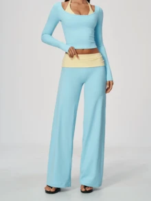 New Fall Sexy Women's Two Pieces Set In Burgundy And Light Blue , Featuring A Crew Neck Long-Sleeve Cropped Top And Comfortable Wide-Leg Pants. - Blue - View 8