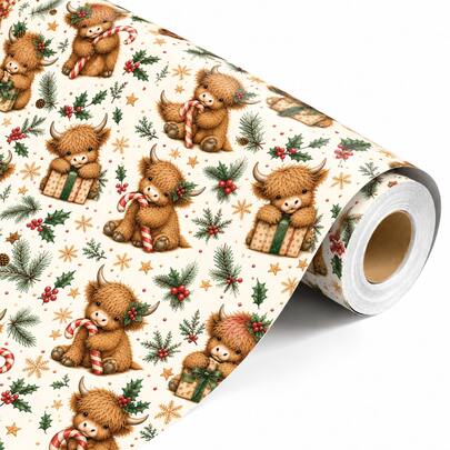 1ROII Christmas Wrapping Paper Roll 17 X 118 In, Highland Cow Candy Cane Gift Wrap With Holly Berries, Pine Branches, Snowflakes, Plaid & Presents, Rustic Farmhouse Holiday Paper