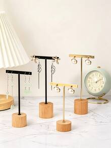 1pc Iron Art Earring Display Stand, Wooden Base T-Shaped Earring Holder Jewelry Display Rack Accessory Storage Display Prop - Multicolor - View 1