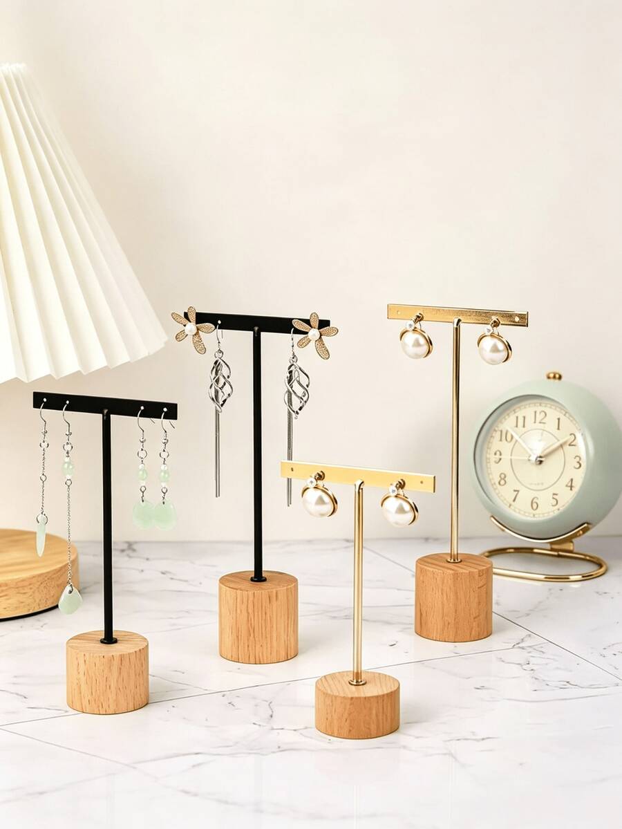 1pc Iron Art Earring Display Stand, Wooden Base T-Shaped Earring Holder Jewelry Display Rack Accessory Storage Display Prop - Multicolor - View 1