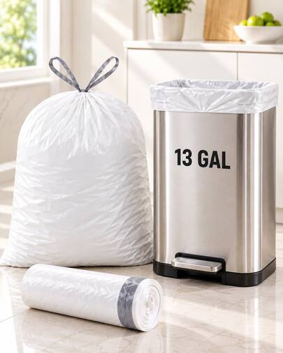 200PCS 13 Gallon Tall Kitchen Trash Bags, White Drawstring Garbage Bags, 50 Bags Per Roll, 33.5 X 23.6in Pre-Separated Easy Pull Can Liners, Light Floral Scent, For Kitchen Home Office Dorm