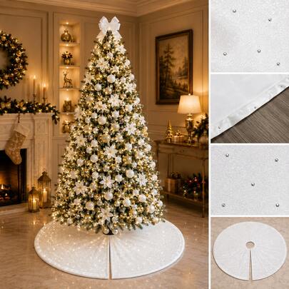 Tapete Saia de Árvore de Natal 120cm Glitter Branco Saia para Base de Árvore Natalina, Protetor de Piso, Enfeite Natalino, Decoração de Natal, Acessório para Árvore, Casa, Sala e Festa Premium