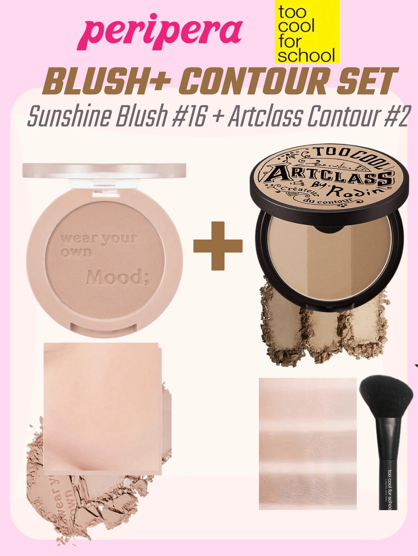 Too Cool for School Palet Perona Pipi Matte Peripera K-Beauty + Palet Kontur Matte, Tekstur Halus, Tahan Lama, Multifungsi, Termasuk Kuas dan Cermin, Set Makeup Gaya Korea - Set Perona Pipi & Kontur Glow - View 1
