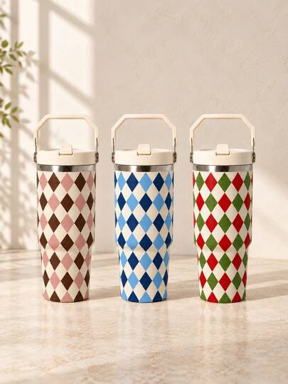 1 buah Tumbler Stainless Steel Berinsulasi Motif Kotak-kotak Warna-warni 30oz/900ml, Pola Bunga Minimalis, Kapasitas Besar untuk Mobil/Perjalanan/Kebugaran, Kembali ke Sekolah, Halloween, Natal, Dekorasi Rumah yang Unik, Desain Unik, Hadiah Musim Gugur, Hadiah untuk Sahabat, Botol Isolasi Panas dan Dingin dengan Tutup dan Sedotan, Gelas, Botol Air