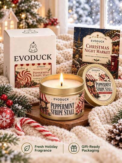EVODUCK 1 pieza Vela navideña con aroma a menta y azúcar de vainilla, lata dorada de 3 oz, caja de regalo con tarjeta de historia, set de vela aromática para decoración de dormitorio y escritorio, aroma dulce de caramelo de menta, regalo festivo para rellenar calcetines, regalo para adolescentes y mujeres, fragancia para el hogar