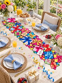 1pc Colorful Gift Birthday Table Runner, Present Box Bow Ribbon Star Print Long Table Decor, Irregular Edge Party Table Cover For Birthday Celebration, Dining Table, Party Supplies, Home Decor - Multicolor - View 6