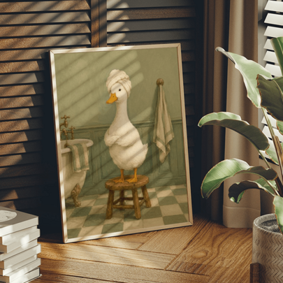 1pc Vintage Wall Art Poster, Funny Bathroom Duck Wall Art, Duck In Towel Turban Print, Sage Green Bath Art, Retro Powder Room Decor, Spa Duck Poster, Funny Bath Gift, Framed Or Unframed, Home Decor, Room Decor, Wall Decor, Bathroom Decor