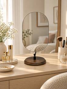 Nordic Minimalist Desktop Makeup Mirror, Frameless Oval Vanity Mirror With Walnut Wood Base, Adjustable Tabletop Makeup Mirror, Suitable For Bedroom, Vanity, Bathroom And Home Decor - Multicolor - View 9