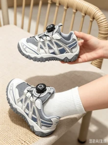 Big Kids Unisex Grey & Blue Mesh Thick Sole Sports Shoes, Rotary Buckle Design, Breathable & Non-Slip, Suitable For School, Running, Outdoor & Daily Wear - Grey - View 2