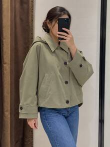 女士休闲军绿色前开襟连帽风衣，秋冬优雅款 - 軍綠色 - 查看 6