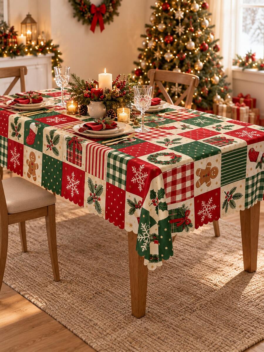 1pc Vintage Xmas Patchwork Tablecloth, Red Green Polyester Rectangle/Round Table Cover With Checked Blocks, Wreath, Pine, Stocking & Gingerbread Details, Christmas Kitchen Dining Decor For Holiday Gathering - Multicolor - View 1