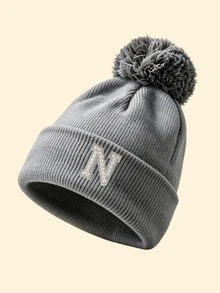 1pc Women's Pom Pom Decorated Ribbed Knit Beanie, A-Z Letter Patch Detail, Soft & Warm Autumn/Winter Headwear, Fashionable Autumn Outfit Essential - Grey - View 32