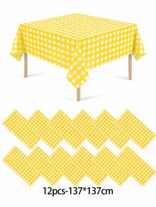 1/6/12PCS-137*274cm Yellow And White Plastic Checkered Tablecloth, Decorative Disposable Yellow Plaid Tablecloth, Suitable For Picnic, Farm, Birthday, Wedding Rectangular Tablecloth, Party Tablecloth - Yellow - View 15