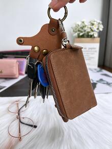 Tempat Kunci Kulit Asli Vintage untuk Pria, Dompet Kunci Kapasitas Besar untuk Kunci Mobil & Kartu, Kantong Kunci Portabel Anti-Hilang untuk Perjalanan Sehari-hari - Coklat - View 4