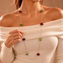 1pc Women's Red & Green Transparent Beaded Long Gold Necklace, Elegant Bohemian Style Sweater Chain For Autumn/Winter, Daily Commute, Party And Holiday Gift Jewelry - Multicolor - View 1