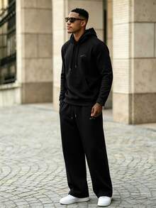Men's Long Sleeve Drawstring Hoodie And Sweatpants Casual Set - Black - View 1