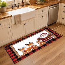 1pc Soft Faux Cashmere Material Floor Mat, Christmas Cartoon Santa Claus & Reindeer Pattern, Plaid Decor Non-Slip Mat, Suitable For Kitchen, Bathroom, Entrance, Bedroom Door, Multi-Scene Use Anti-Slip Floor Mat, Room Decor, Holiday Gift - Multicolor - View 4