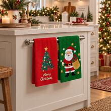 2pcs Santa Claus & Christmas Tree Print Kitchen Towels, Merry Christmas Pattern Hand Towels, Classic Red & Green Christmas Style Dish Cloths Tea Towels, Suitable For Kitchen Cooking, Baking, Cleaning Wiping & Christmas Home Decor - Multicolor - View 2