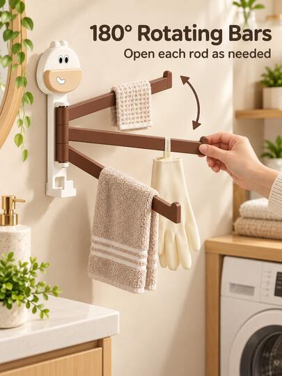 Modern Minimalist Plastic Wall-Mounted Towel Rack With 3 Swinging Bars, 180° Rotating Design And Bottom Hook, Suitable For Face Towels, Hand Towels, Gloves, Bathroom Supplies, Sink Area, Shower Room, Dorm, Apartment, Vacation