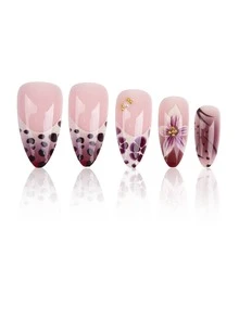 24Pcs Medium Almond Magenta Press On Nails, Irregular Spot French Tips With Brown Ombre, Vintage Purple Floral Pattern & Gold Bead Decor, Elegant Style For Daily Autumn & Winter Wear - Red Violet - View 3