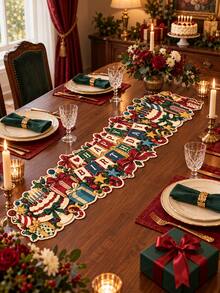 1pc Vintage Birthday Table Runner, Happy Birthday Banner Cake Gift Box Bow Print Long Table Decor, Irregular Edge Party Table Cover For Birthday Party, Dessert Table, Dining Room, Home Decor - Multicolor - View 13