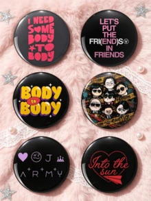 1pc/6pcs 4.4cm/1.73inch Bangtan Song Lyrics, Cartoon Character Portrait & Heart Symbol Pattern Pin Badge, Clothing Bag Backpack Decoration, Perfect Gift For ARMY Fans - Multicolor - View 1