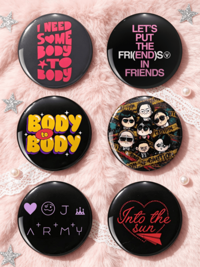 1pc/6pcs 4.4cm/1.73inch Bangtan Song Lyrics, Cartoon Character Portrait & Heart Symbol Pattern Pin Badge, Clothing Bag Backpack Decoration, Perfect Gift For ARMY Fans