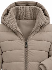 Women's Textured Collar Zip Up Hooded Quilted Padded Jacket With Flap Pockets - Khaki - View 7