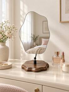 Nordic Cloud-Shaped Irregular Tabletop Makeup Mirror, Frameless Vanity Mirror With Walnut Wood Base & Gold/Black Metal Stand, Decorative Mirror For Bedroom, Dressing Table & Bathroom - Multicolor - View 5