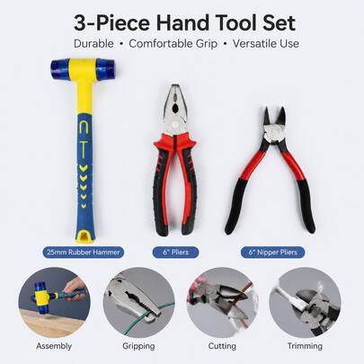 3 PiecesHand Tool Set, 25mm Soft Face Rubber Mallet, 6-Inch Combination Pliers And 6-Inch Nipper Pliers For Furniture Assembly, Woodworking, Wire Gripping, Cutting, Trimming, Electrical Repair, Home Improvement And DIY Projects
