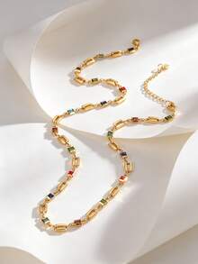 Charm-In قلادة سلسلة هندسية للنساء مطلية بالذهب مع أحجار كريمة ملونة للارتداء اليومي - ذهبي أصفر - مشاهدة 3