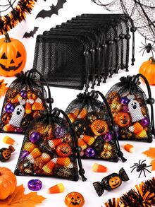 12Pcs Black Mesh Drawstring Bags, Portable Lightweight Storage Pouches, Breathable Net Fabric Cinch Sacks For Candy, Jewelry, Cosmetics, Small Accessories, Party Favors, Halloween Gift Packaging - Black - View 11