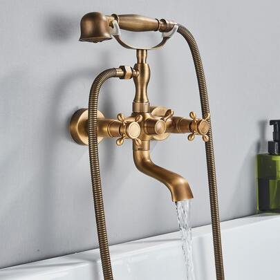 Grifo de bañera de pared bronce antiguo, caño giratorio 360 grados, dos manijas de cruz para fría y caliente, ducha de mano con manguera metálica de 1500 mm, separación ajustable 127-170 mm, NPT 1/2, baño clásico