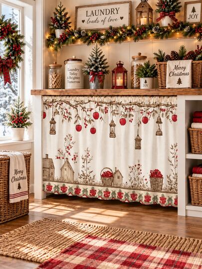 1 pieza Cortina de gabinete navideña vintage pastoral, falda de fregadero con patrón de linterna de manzana de cabaña de invierno, cenefa de ventana de cocina navideña, decoración festiva de temporada para gabinetes abiertos debajo del mostrador