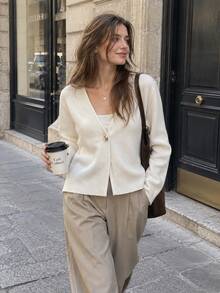 Casual Solid Color Gold Button Long Sleeve Knit Top, Autumn/Spring Elegant White - White - View 1