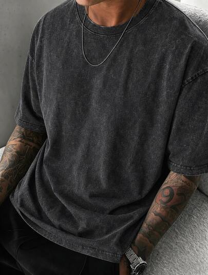 Men's Solid Color 230g Washed Cotton Plus Size T-Shirt, Suitable For All Seasons, Great For Outdoor Sports And Trips, Ideal For Gifting