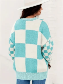 Plus Size Women Plaid Print Crew Neck Loose Casual Pullover Sweater, Autumn/Winter Fall - Mint Blue - View 8