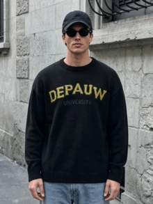 Men's Vintage Loose Fit Knit Sweater With English Text, Suitable For Autumn And Winter, Long Sleeve Top - Black - View 2
