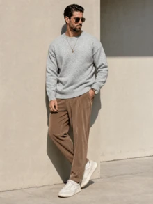 Men's Fashion Casual Vacation Versatile Solid Color Minimalist Crew Neck Long Sleeve Loose Ribbed Pullover Sweater Knit Top Daily Commute Home Wear Autumn/Winter - Grey - View 5