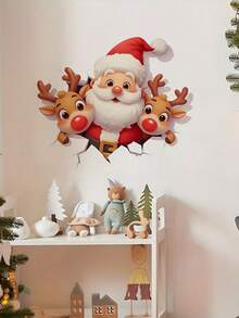 1 miếng nhãn dán tường 3D hình ông già Noel và tuần lộc trang trí lối vào phòng khách trong nhà dịp lễ, tự dính - Một cỡ - Xem 5
