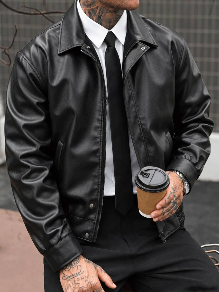 PU Leather Men's Autumn Fashion Casual Jacket Coat - Black - View 1