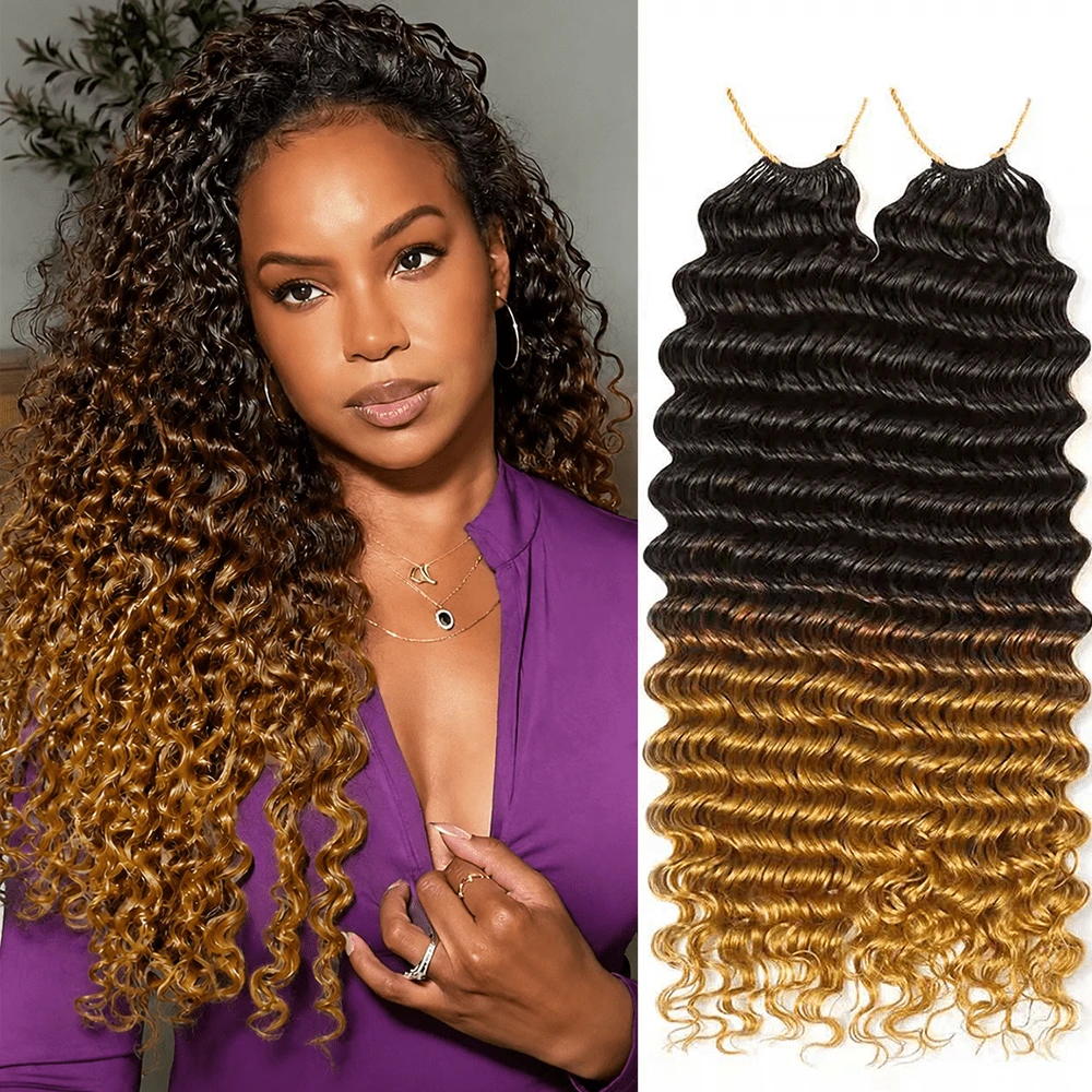 VALLBEST Boho Braids Miracle Knots Hair Human Crochet Hair Deep Wave 18 Inch 120g Ombre Feather Crochet Human Hair For Women Pre-Separated Invisible Wet And Way Crochet Hair Extensions T4/27# - Multicolor - View 1