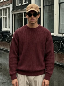 Lightweight Casual Textured Knit Sweater, Minimalist Design, Loose Fit Crew Neck Pullover For Unisex, Suitable For Autumn/Winter - Brown - View 2
