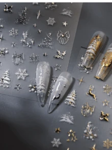 1片水晶鑽 3D 白色花朵美甲貼紙，雪花珍珠鏈浮雕美甲飾品貼，優雅白色花朵美甲裝飾 - 金色 - 查看 2