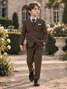 Young Boy Suit Set, Young Boy Piano Performance Outfit, Wedding Flower Boy Dress, 3-Piece Set: Suit Jacket + Pants + Tie - Brown - View 3